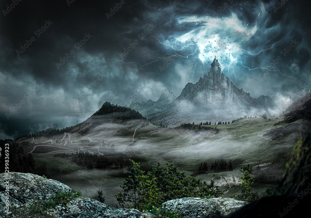 Obraz premium Wielki zamek ciemny z silnymi promieniami i błyskawicami