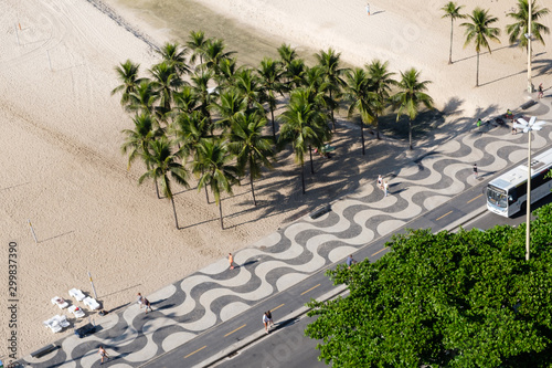 Fototapeta Naklejka Na Ścianę i Meble -  view of Copacabana boardwalk during late afternoon, taken from the rooftop of a hotel, with the famous portuguese stone texture . Rio de Janeiro, Brazil