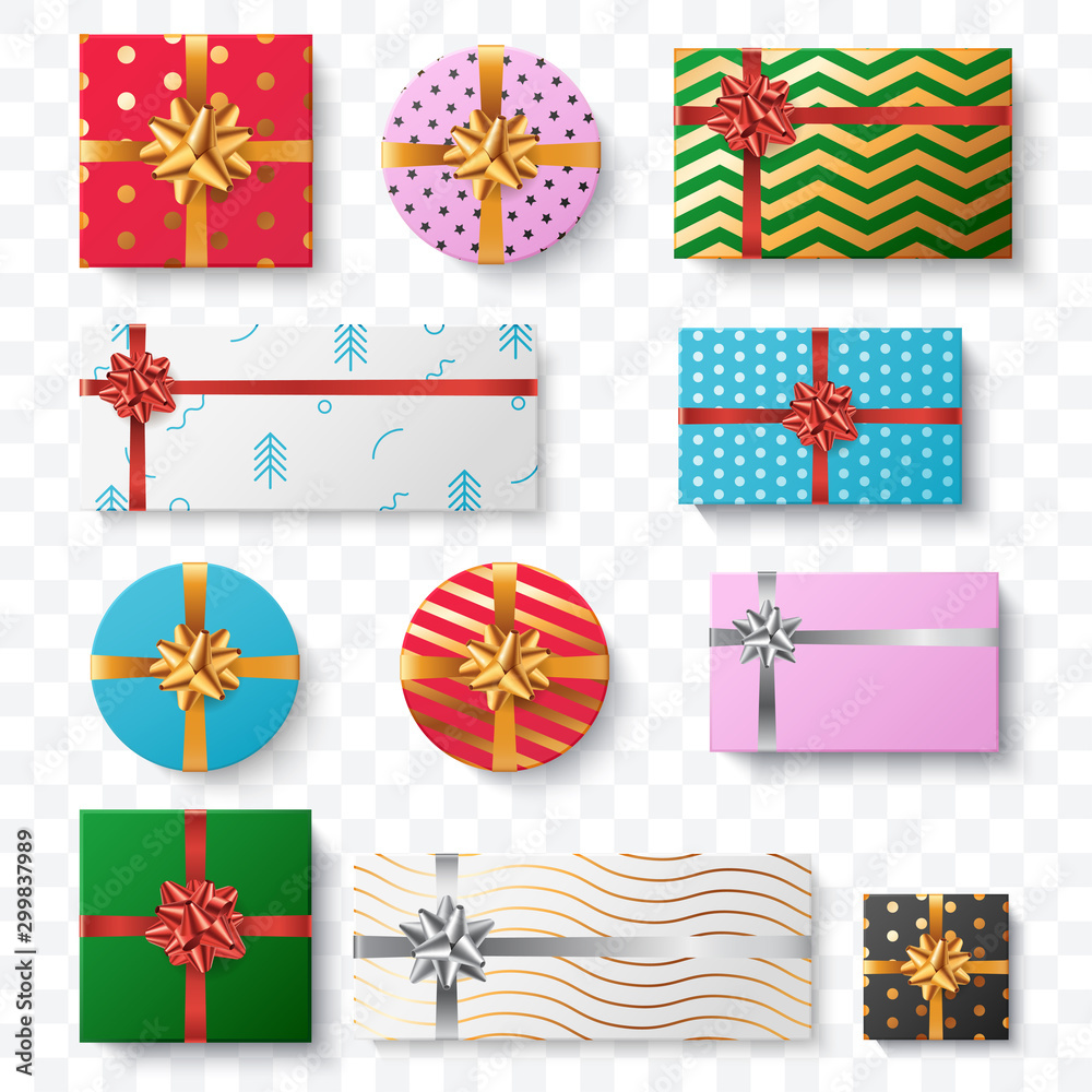 Obraz premium Set of colorful gift box isolated on transparent background. Top view. Christmas gift boxes collection with different pattern and big bow. Surprise box. Element for your festive design. Vector eps 10