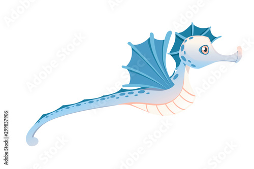 Cute adorable blue seahorse cartoon sea animal design flat vector illustration isolated on white background