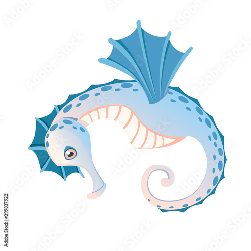 Cute adorable blue seahorse cartoon sea animal design flat vector illustration isolated on white background