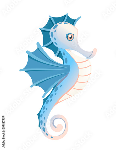 Cute adorable blue seahorse cartoon sea animal design flat vector illustration isolated on white background