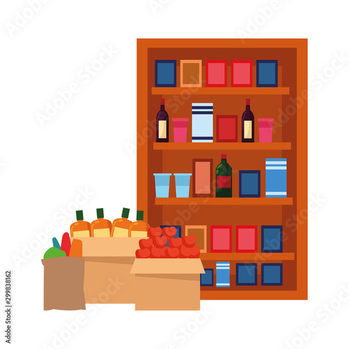 boxes and supermarket shelves with bottles and groceries products, flat design