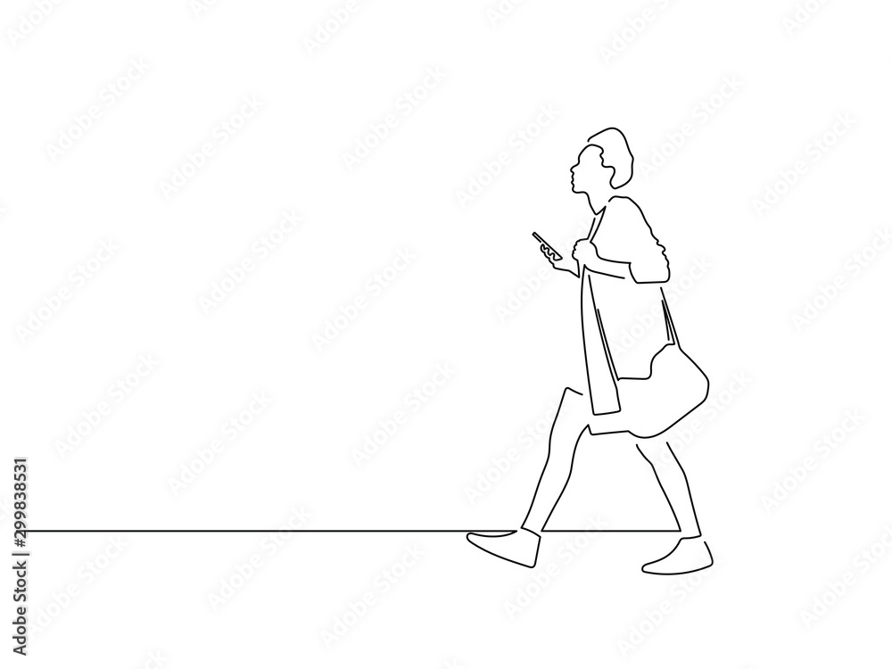 Woman walking isolated line drawing, vector illustration design. Urban life collection.