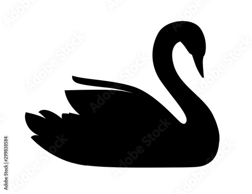Black silhouette swan largest flying bird swim on water cartoon animal design flat vector illustration isolated on white background