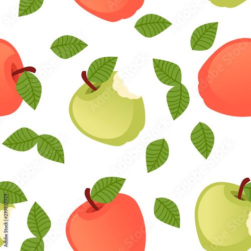 Seamless pattern of bitten apple with green leaves flat vector illustration on white background