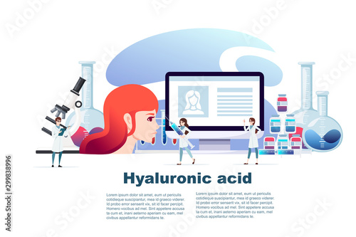 Hyaluronic acid injection medical syringe and containers skin care and medical intervention flat vector illustration on white background horizontal flyer design