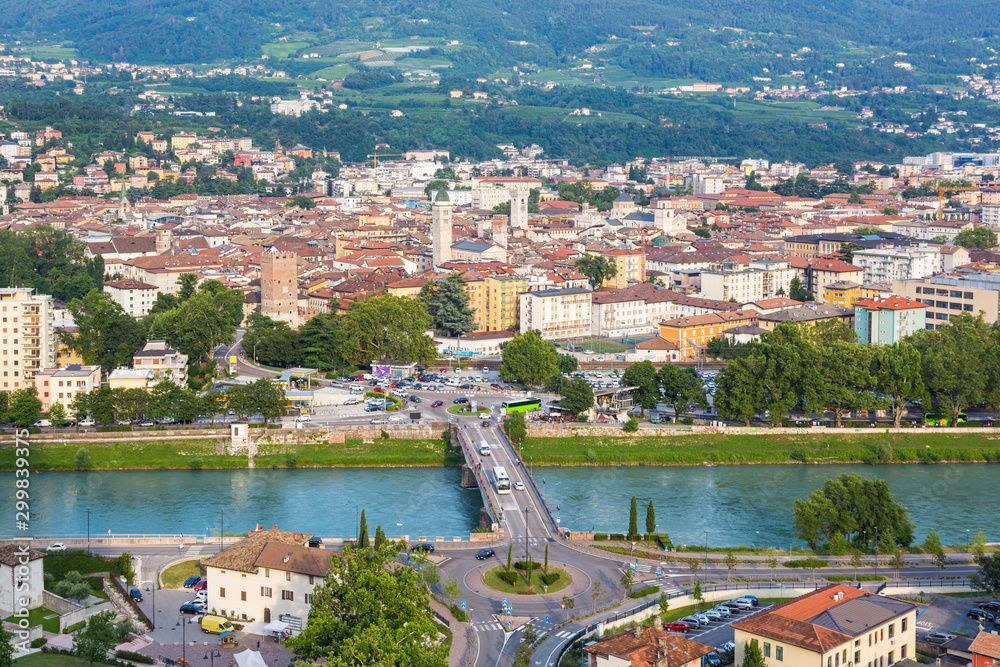 Trento (Italy) - Cityscape of the historic centre and river Adige from the top of Doss Trento overlooking the city
