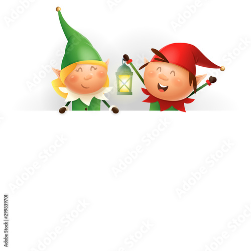 Cute Christmas Elves girl and boy on billboard - vector illustration isolated on white background