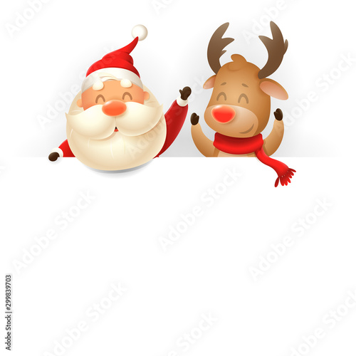 Santa Claus and Reindeer on billboard - vector illustration isolated on white background