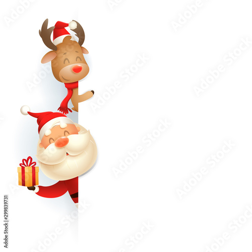 Santa Claus and Reindeer on left side of board - vector illustration isolated on white background