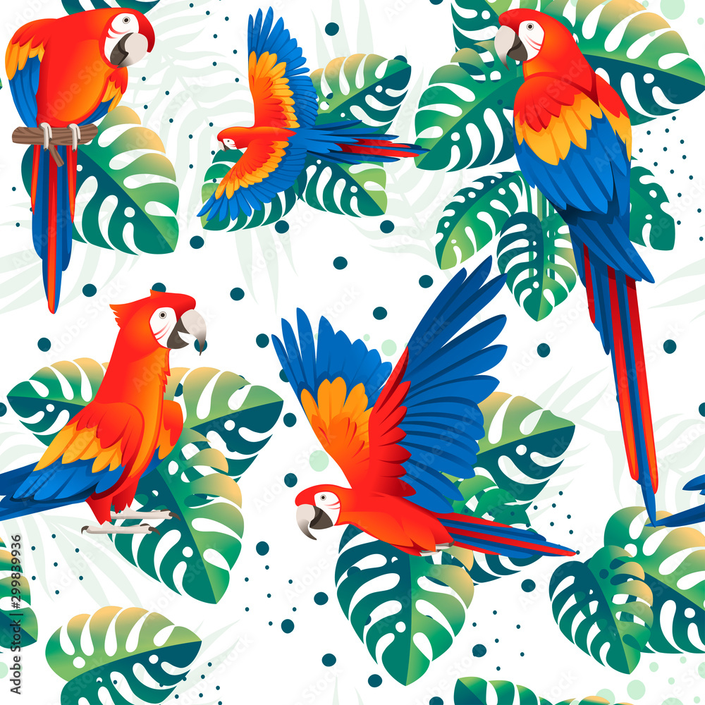 Seamless pattern of adult parrot of red-and-green macaw Ara (Ara chloropterus) with green tropical leaves cartoon bird design flat vector illustration on white background