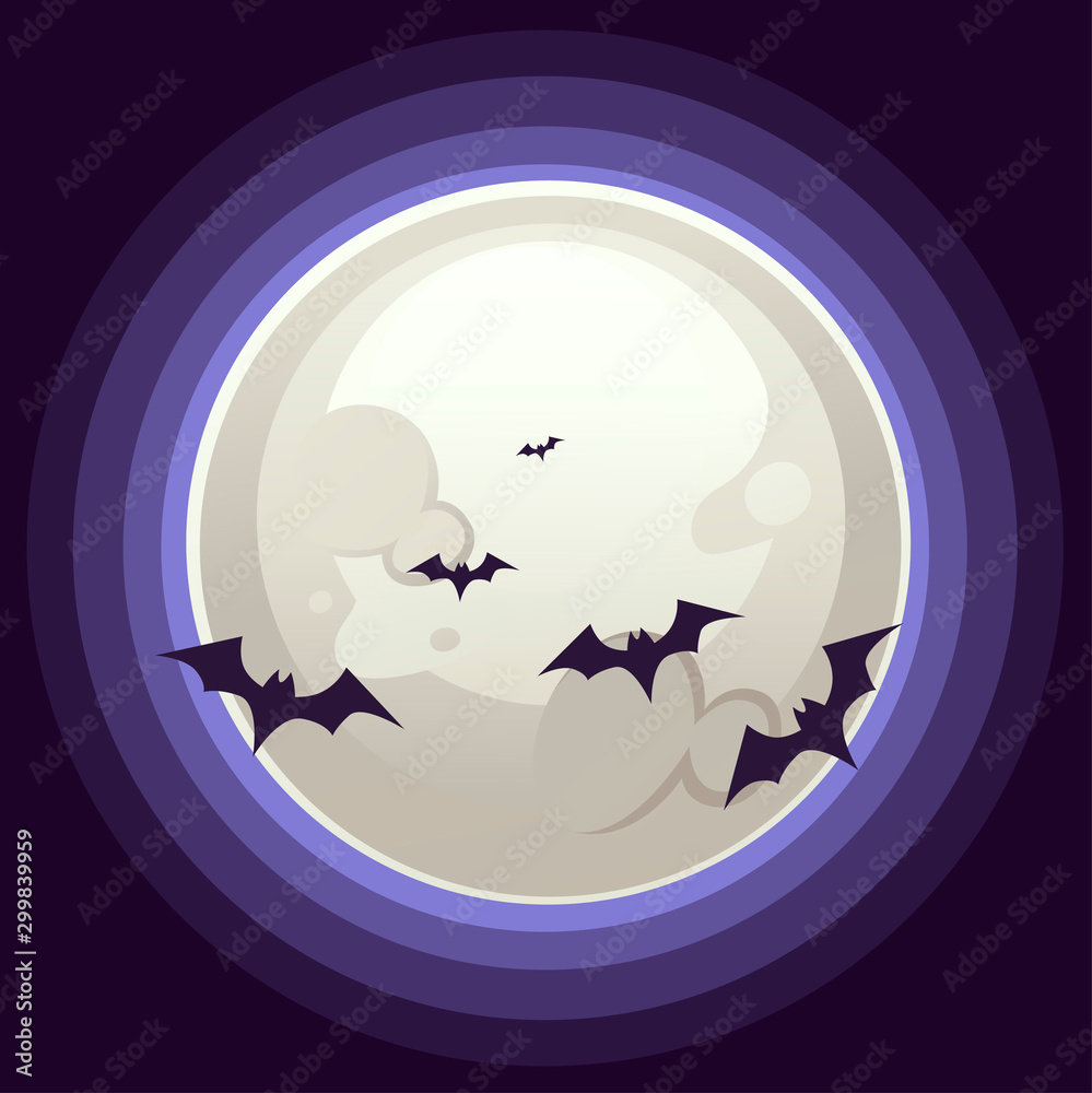 Happy Halloween vertical banner design with big white moon and bat flat vector illustration on dark background