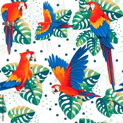 Seamless pattern of adult parrot of red-and-green macaw Ara  Ara chloropterus  with green tropical leaves cartoon bird design flat vector illustration on white background