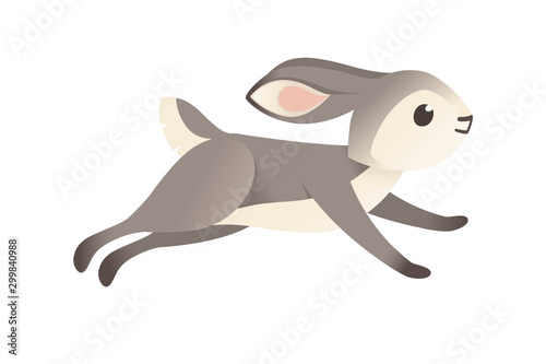 Cute grey rabbit running forward cartoon animal design flat vector illustration isolated on white background
