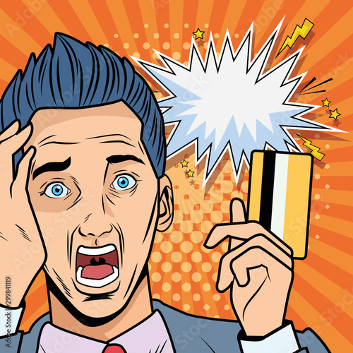 businessman stressed with credit card pop art style character