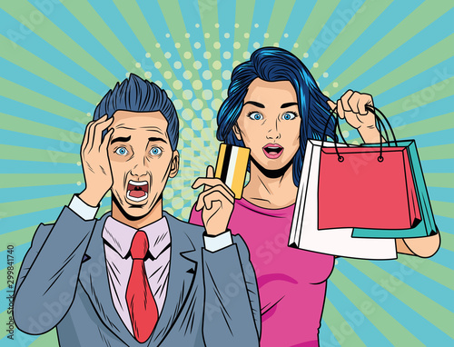 couple with shopping bags and credit card pop art style