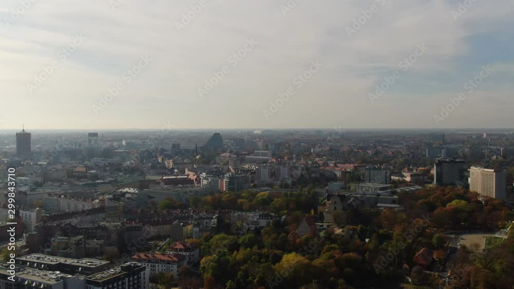 Aerial drone shot flying above city Poznan Poland in sunny day. Aerial drone shot flying above city Poznan Poland in sunny day.