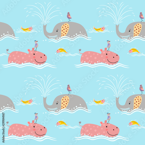 Cute elephant with hippo seamless pattern.