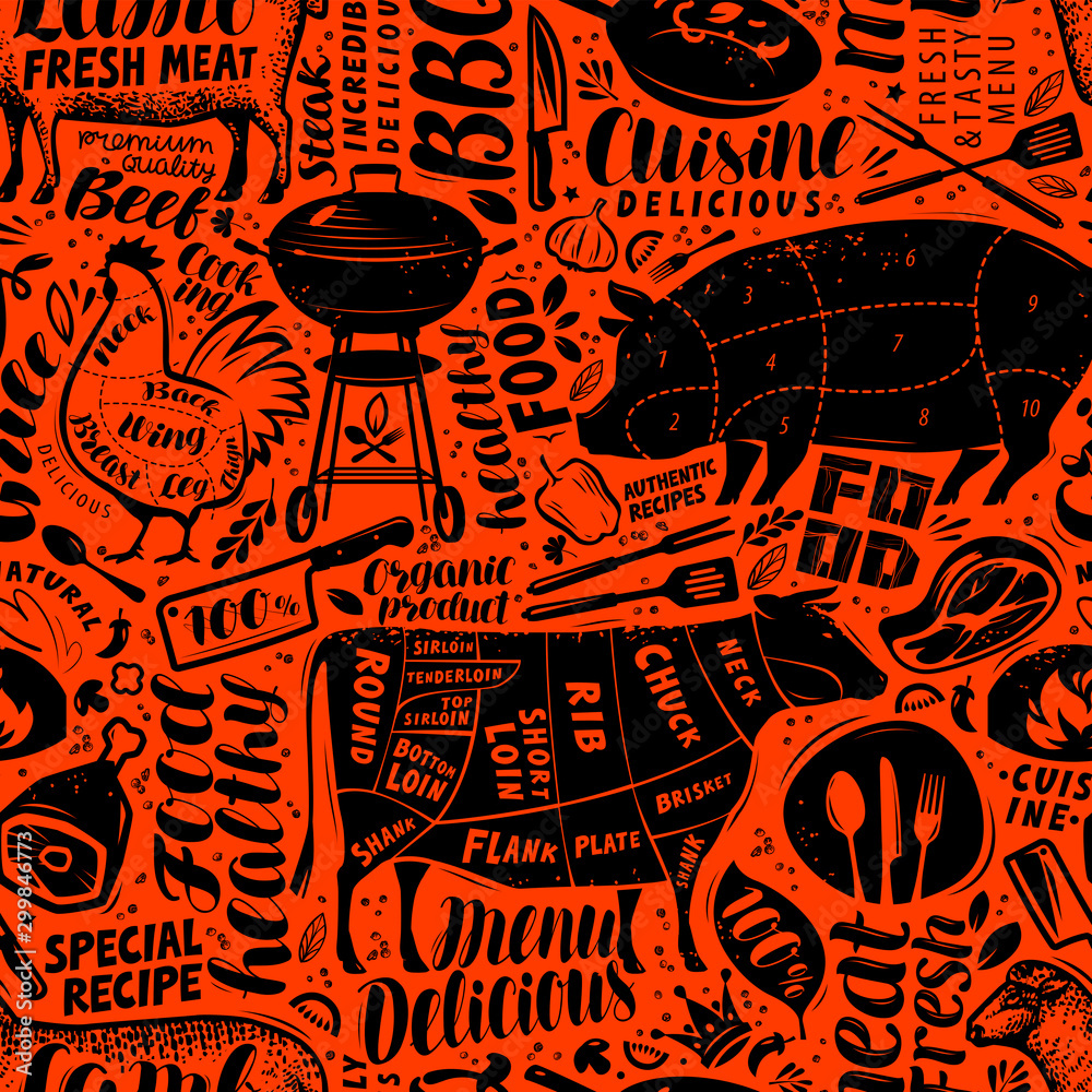 Grill menu, barbecue. Food seamless background. Vector illustration