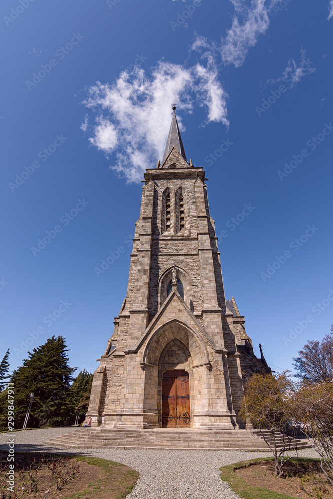 Scene view of an old Gothic style Cathedral of Our Lady of Nahuel Huapi in San Carlos de Bariloche, Argentina