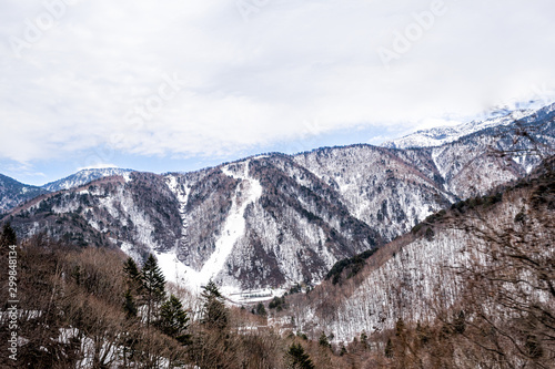Gifu Prefecture with high angle view of snow ski slopes in resort town in Okuhida Villages near Hirayu Onsen