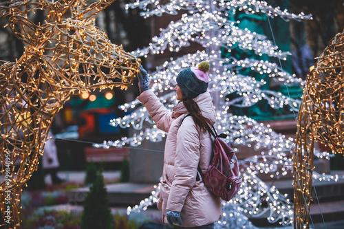 Christmas decorations in the historical center streets of Helsinki, with evening light illumination, concept of Christmas in Finland, with Cathedral, market square, christmas tree photo