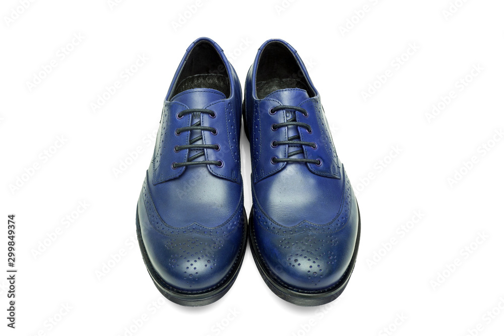 Pair of male cyan and black leather shoes on white background, isolated product, top view.