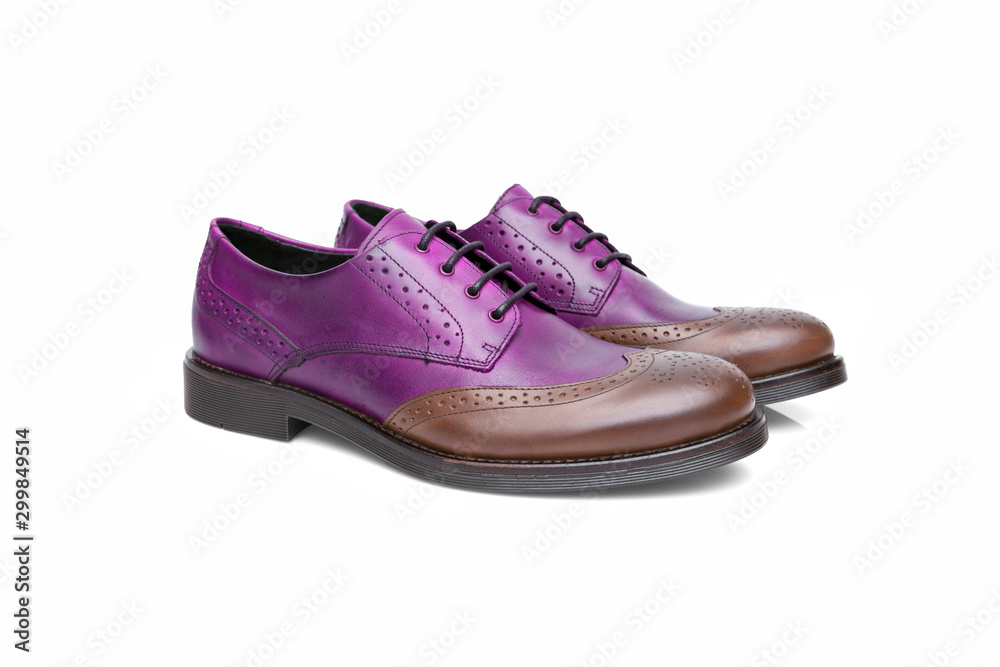 Pair of male purple and brown leather shoes on white background, isolated product, top view. Pair of male purple and brown leather shoes on white background, isolated product, top view.