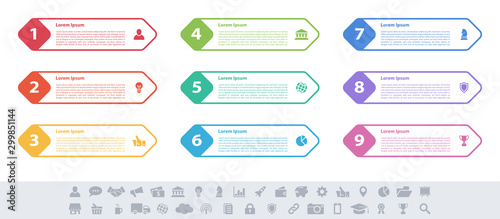 Infographic design business concept vector illustration with 9 steps or options or processes represent work flow or diagram or web button banner