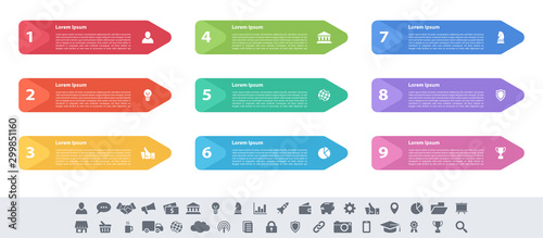 Infographic design business concept vector illustration with 9 steps or options or processes represent work flow or diagram or web button banner