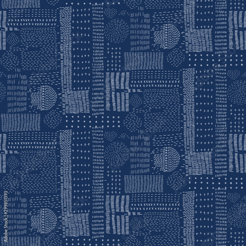 Embroidery Sampler Sashiko Kantha  Vector Pattern. Asian Needlework Seamless Background. Indigo Blue Style.  Running Hand Stitch Texture for Textile Print, Japan Decor. Simple Kimono Quilting EPS 10