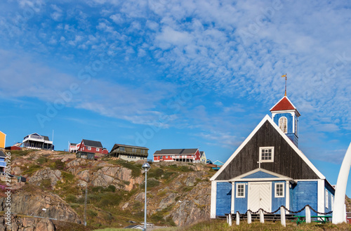 Facade of the Bethel Blue church 1775 located in Sisimiut, Greenland. photo