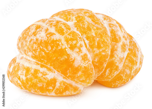 Half of peeled tangerine or orange citrus fruit isolated on white background with clipping path. Full depth of field.