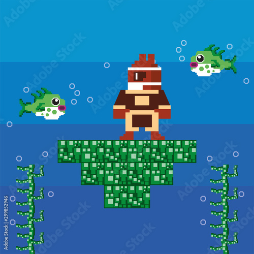 video game warrior in pixelated scene