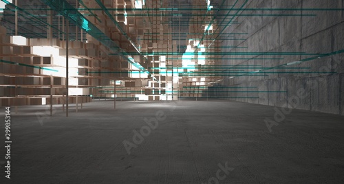 Abstract architectural wood and glass interior from an array of white cubes with neon lighting. 3D illustration and rendering.