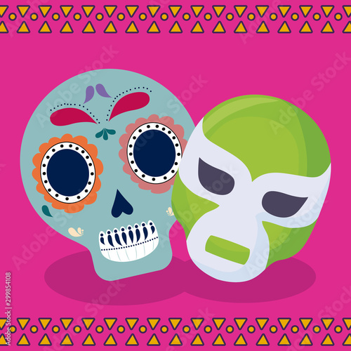 viva mexico celebration with skull and mask fighter