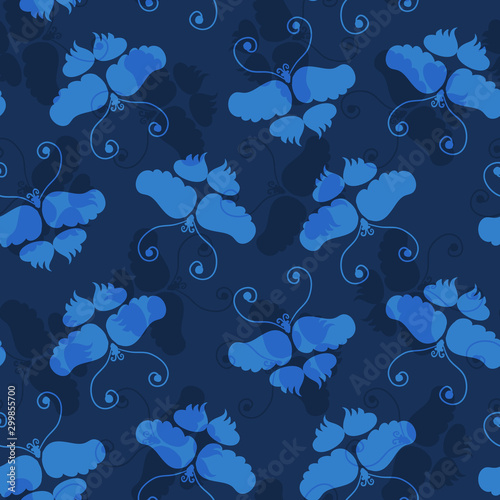 Indigo Blue Butterfly Wax Resist Dye. Vector Seamless Pattern Background. Dark Navy Masculine Batik. Japanese Kimono Style All Over Print for Asian Far East Textile. Hand Painted Repeat Tile Eps 10
