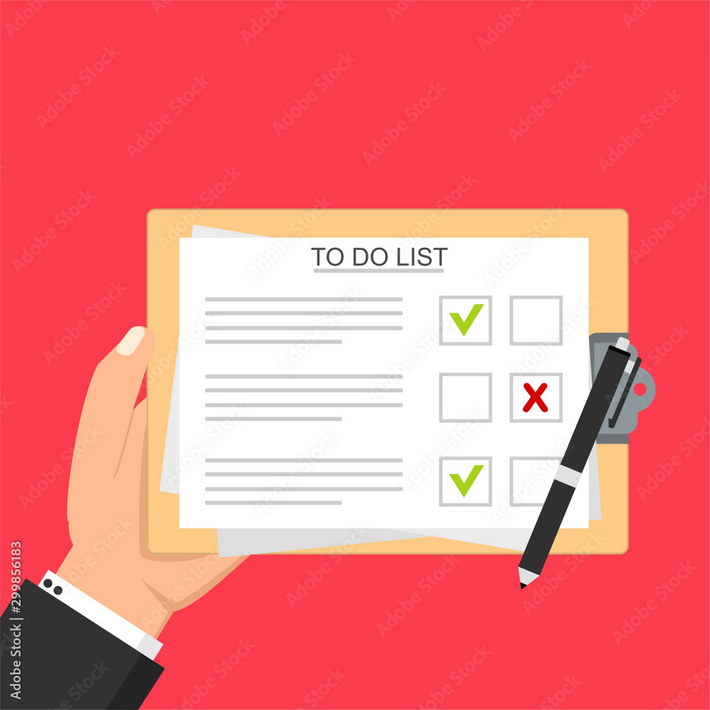 hand of businessman hold clipboard to do lists concept with pen vector illustration template hand of businessman hold clipboard to do lists concept with pen vector illustration template