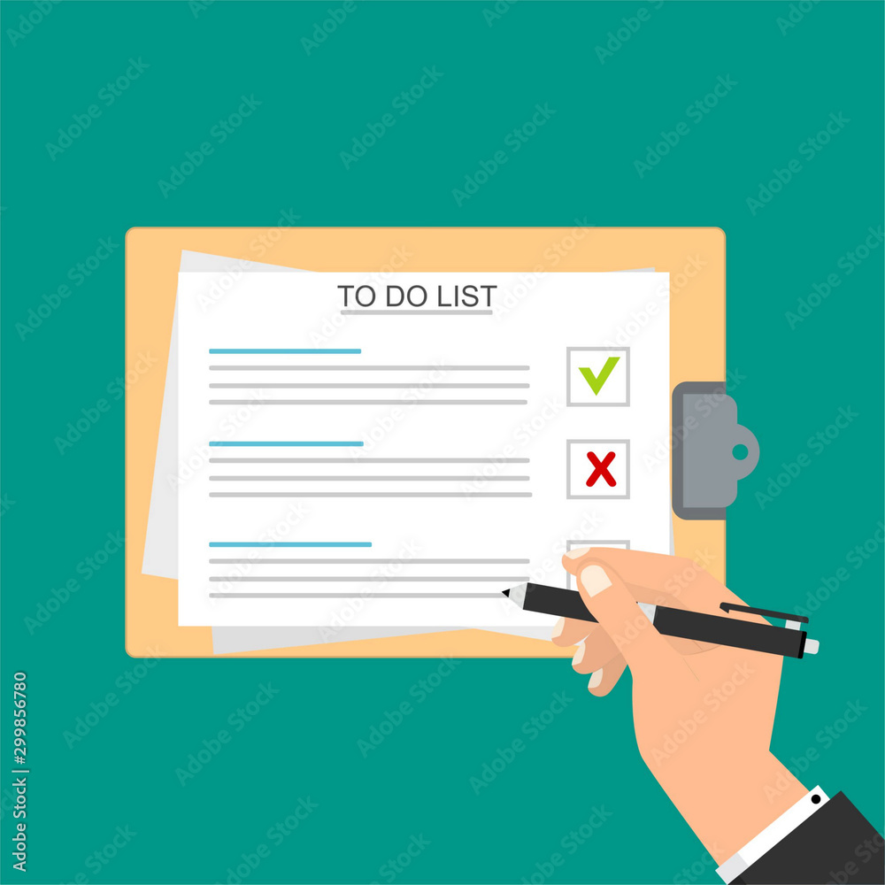Hands holding clipboard with to-do list template and pencil. filling out forms design vector illustration template