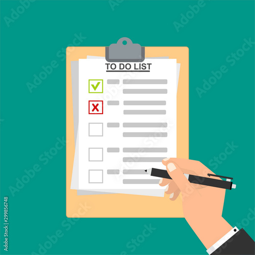 Hands holding clipboard with to-do list template and pencil. filling out forms design vector illustration template © Hani Suwaryo