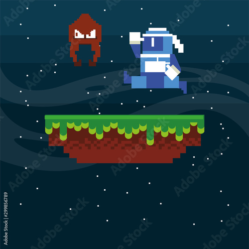 video game warrior jumping in pixelated scene