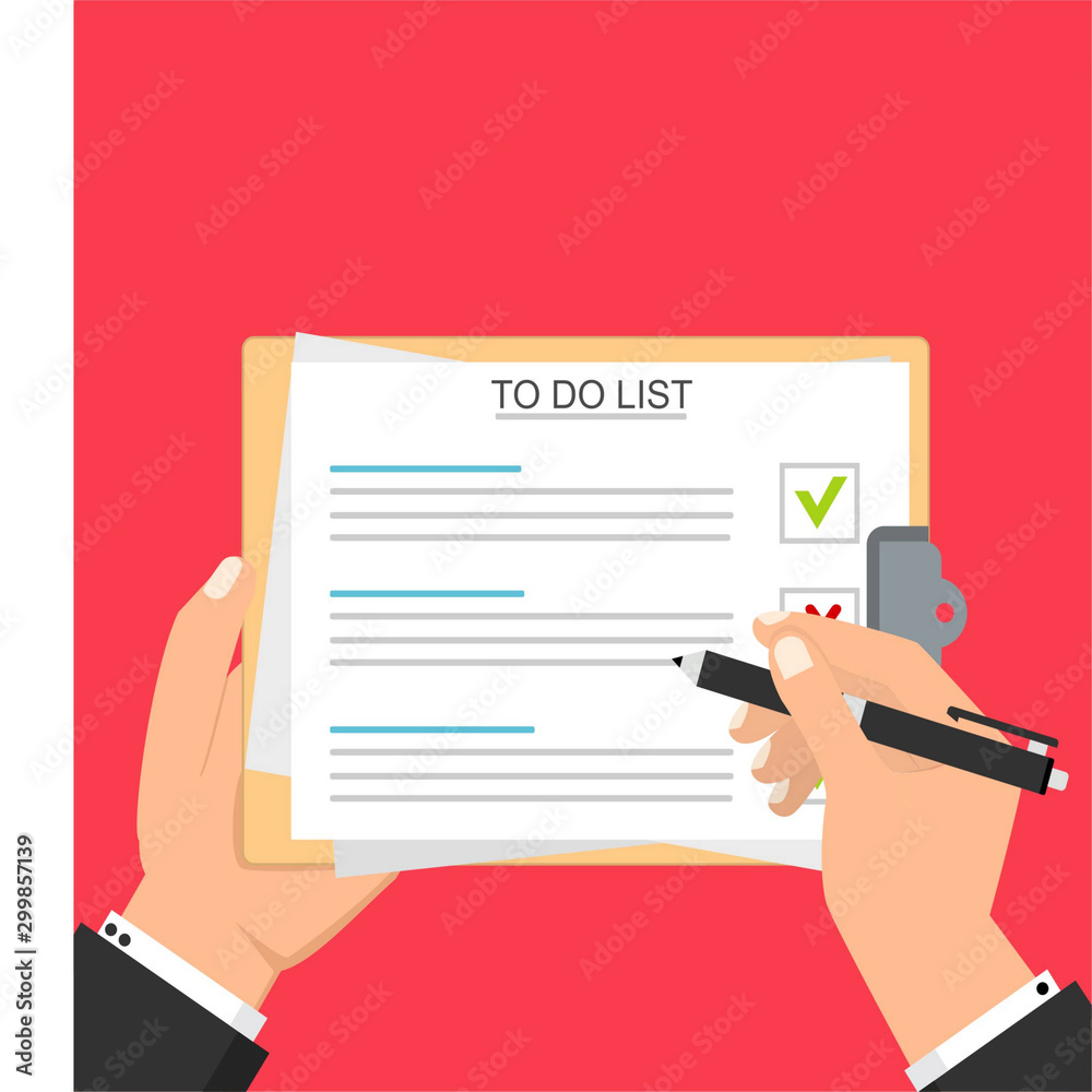 Male hand signing document. Hand filling checklist on clipboard. Form illustration with man signing a paper work document. Modern flat design concept for web banners, web sites, infographics. Male hand signing document. Hand filling checklist on clipboard. Form illustration with man signing a paper work document. Modern flat design concept for web banners, web sites, infographics.