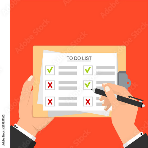 Male hand signing document. Hand filling checklist on clipboard. Form illustration with man signing a paper work document. Modern flat design concept for web banners, web sites, infographics.