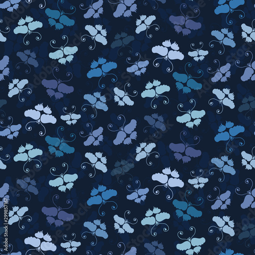 Indigo Blue Butterfly Wax Resist Dye. Vector Seamless Pattern Background. Dark Navy Masculine Ditsy. Japanese Kimono Style All Over Print for Asian Far East Textile. Hand Painted Repeat Tile Eps 10