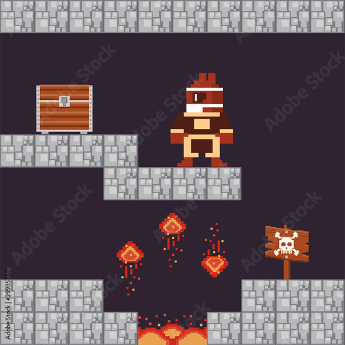 video game warrior with treasure chest in pixelated scene