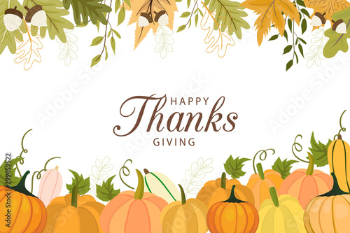 Happy Thanksgiving background with vegetables and colorful leaves.