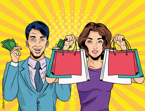 business couple with shopping bags and money pop art style