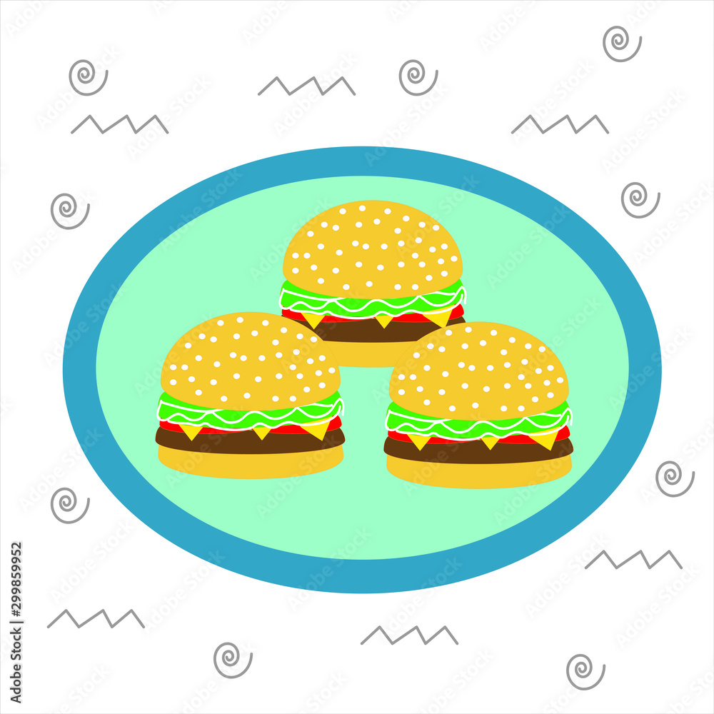  Burger the concept of flat design style illustration and Doodle. Delicious fresh hamburger, cheeseburger. Fast food. Abstract banner.