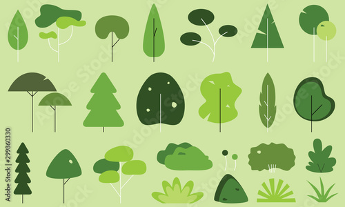 Icon set made up off different trees, shrubs and bushes. The vectors are a flat line art style. Trees and shrubs are various shades of green. Can be used separately to create nature images.